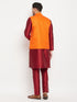 Vastramay Men's Orange Matka Silk Nehru Jacket With Maroon Silk Blend Kurta and Pant style Pyjama Set